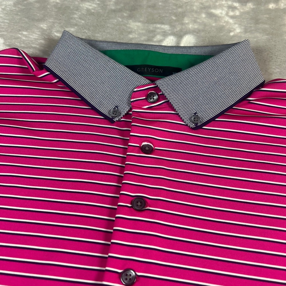Greyson Men's XL Polo Shirt Pink Striped Button Down Collar Performance Golf